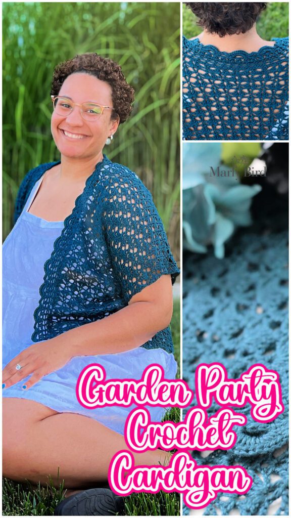 A smiling person sits outdoors wearing a crocheted navy blue Garden Party Crochet Cardigan over a light blue outfit. To the right, there are close-up images of the cardigan's intricate patterns. Text at the bottom reads "Garden Party Crochet Cardigan" in vibrant pink, highlighting the availability of a Free Pattern. -Marly Bird