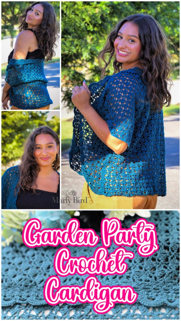 A woman models a blue crochet cardigan in various poses, showcasing its design and texture. She stands outdoors with greenery in the background. The text "Garden Party Crochet Cardigan - Free Pattern" is displayed in vibrant pink at the bottom, with "Marly Bird Full Tutorial" in smaller text. -Marly Bird