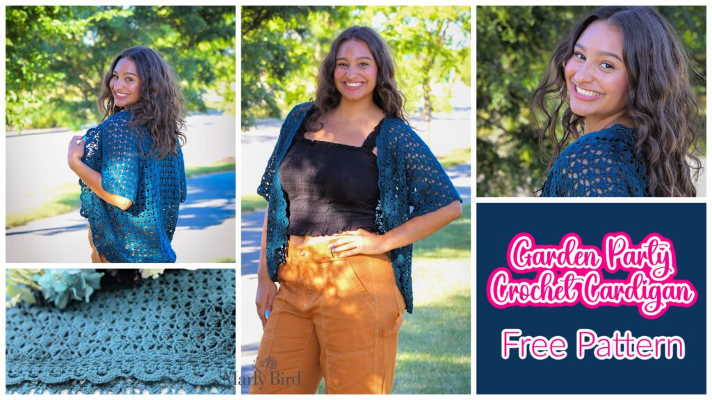 A collage features a woman modeling a blue crochet cardigan. The photo shows the crochet cardigan from various angles, highlighting its intricate design. Text on the image reads "Garden Party Crochet Cardigan" and "Free Pattern," with a clear close-up of the crochet detail. -Marly Bird