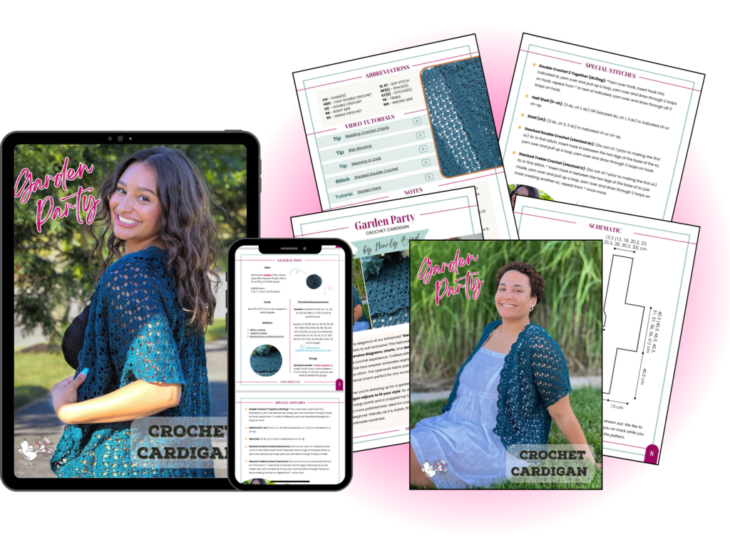 A collage showcasing the "Garden Party" crochet cardigan pattern. It features a woman modeling the cardigan, a tablet and smartphone displaying the free pattern digitally, and various printed pages from the full tutorial, including instructions and special stitches. -Marly Bird