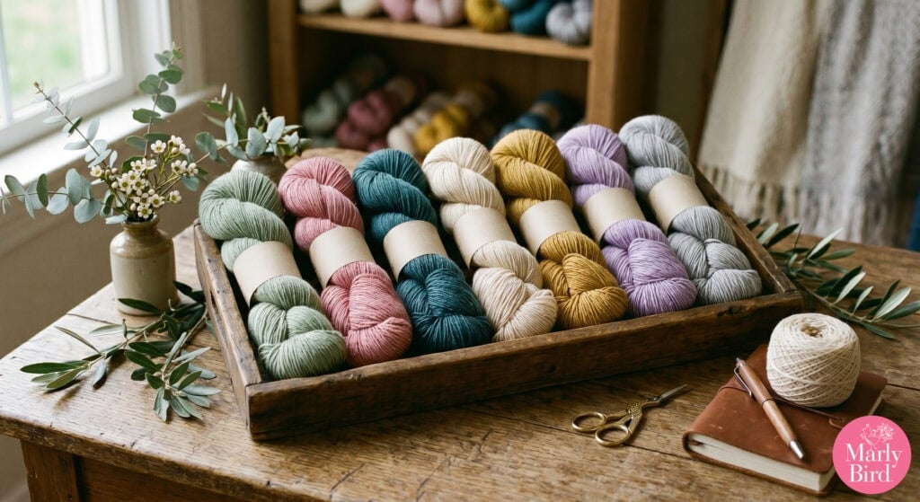 Colorful yarn skeins in a wooden tray, with tools and floral accents nearby; shelves of yarn visible in the background.