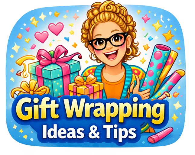 Cartoon woman with glasses behind wrapped gifts and wrapping paper, pink hearts and confetti, "Gift Wrapping Ideas & Tips" text.