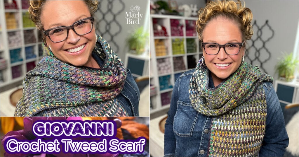 A smiling woman with curly blonde hair and glasses wears a colorful crochet tweed scarf and a denim jacket, standing in a yarn-filled room. Text reads: "GIOVANNI Crochet Tweed Scarf. -Marly Bird