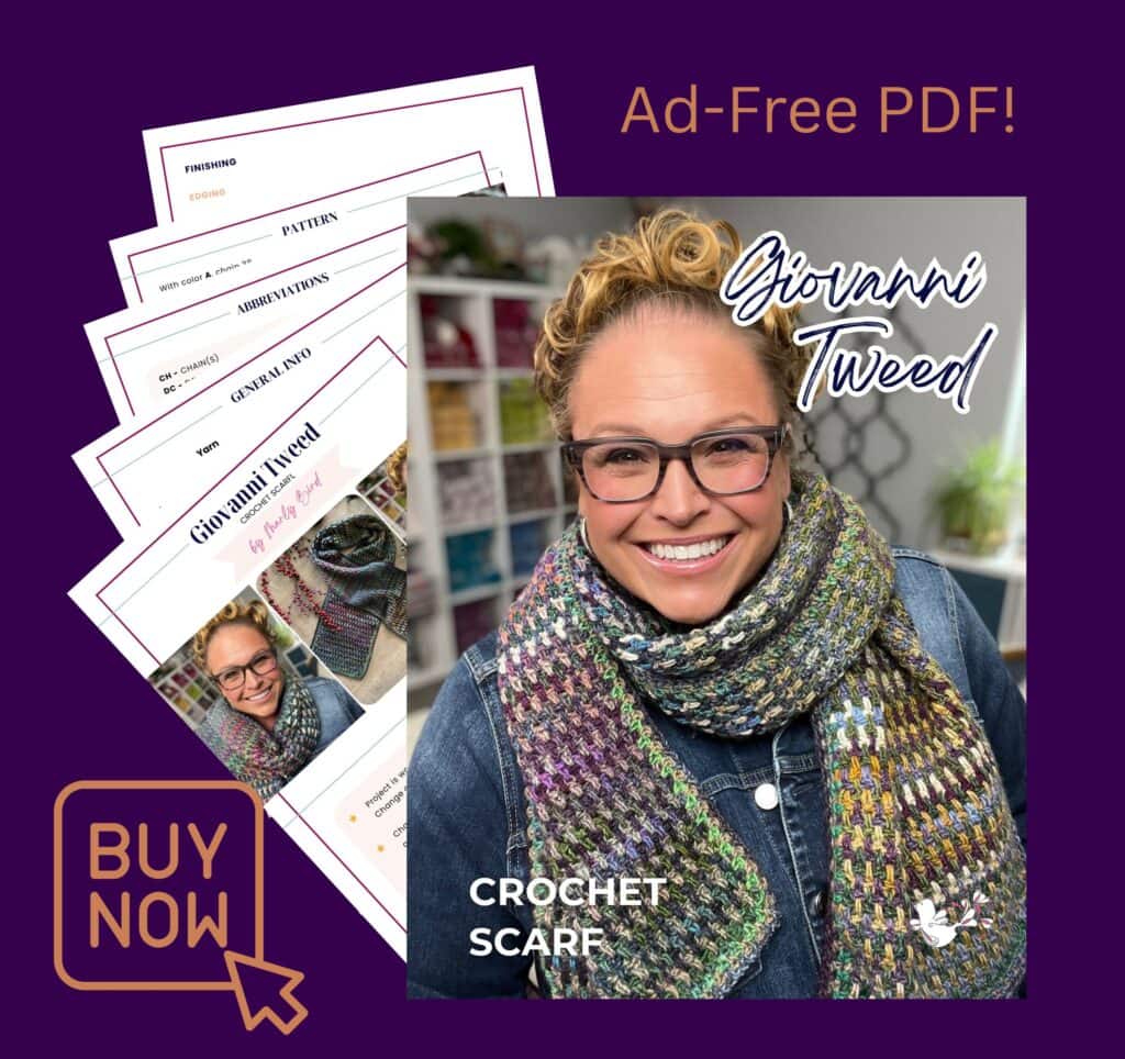 A smiling person wears a colorful crochet scarf. Next to them are sample pages from a tweed scarf pattern titled "Giovanni Tweed." Texts read "Ad-Free PDF!", "free crochet pattern," and "BUY NOW" on a purple background. -Marly Bird