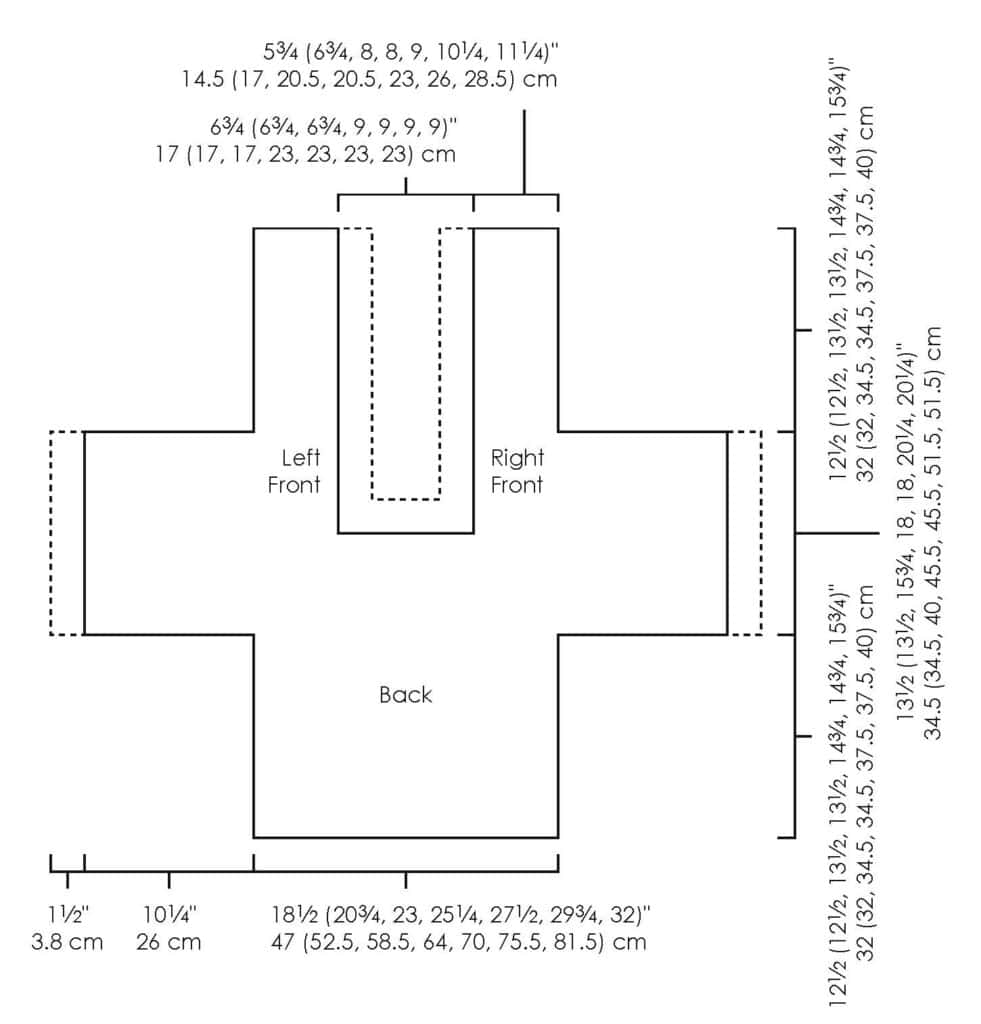 A sewing pattern layout for a Goldenrod Crochet Cardigan features three labeled sections: Left Front, Right Front, and Back. Measurements in centimeters and inches are provided around the perimeters for precise fabric cutting and seamless garment construction. -Marly Bird