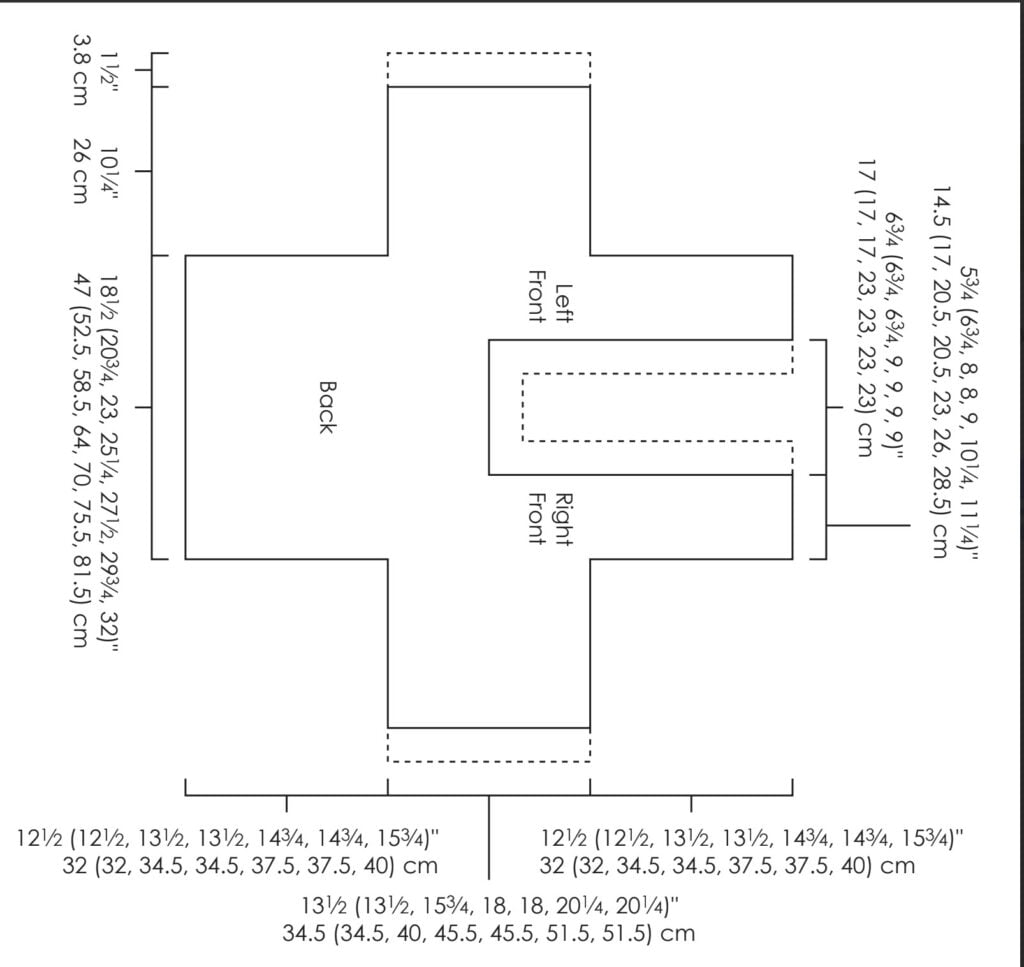 Black and white sewing pattern diagram for a garment piece, with labeled sections for Back, Left Front, and Right Front. Perfect for designing your own Goldenrod Crochet Cardigan or using as a Free Crochet Cardigan Pattern guide. Measurements included. -Marly Bird