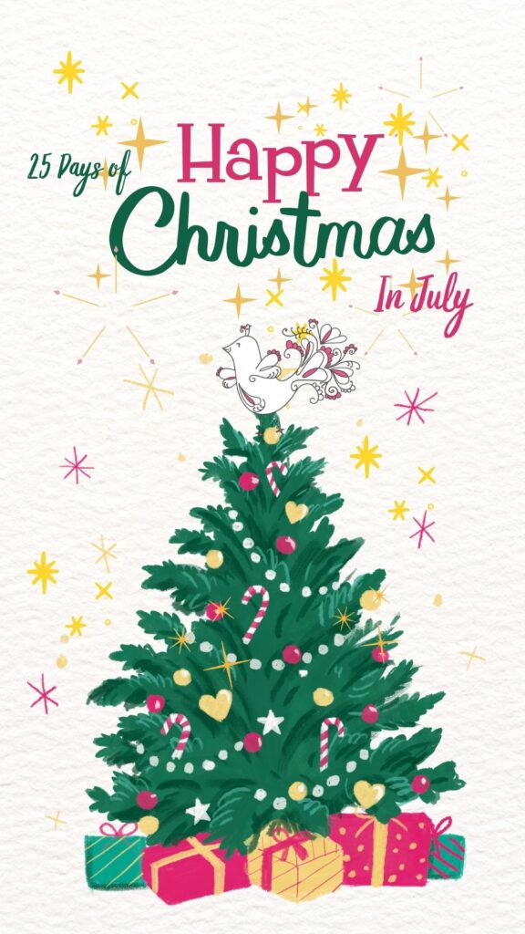 A festive Christmas tree decorated with ornaments, candy canes, and garlands sits above colorful presents. The text reads "25 Days of Happy Christmas in July" with stars and a white dove above the tree, perfect for discovering holiday deals. -Marly Bird