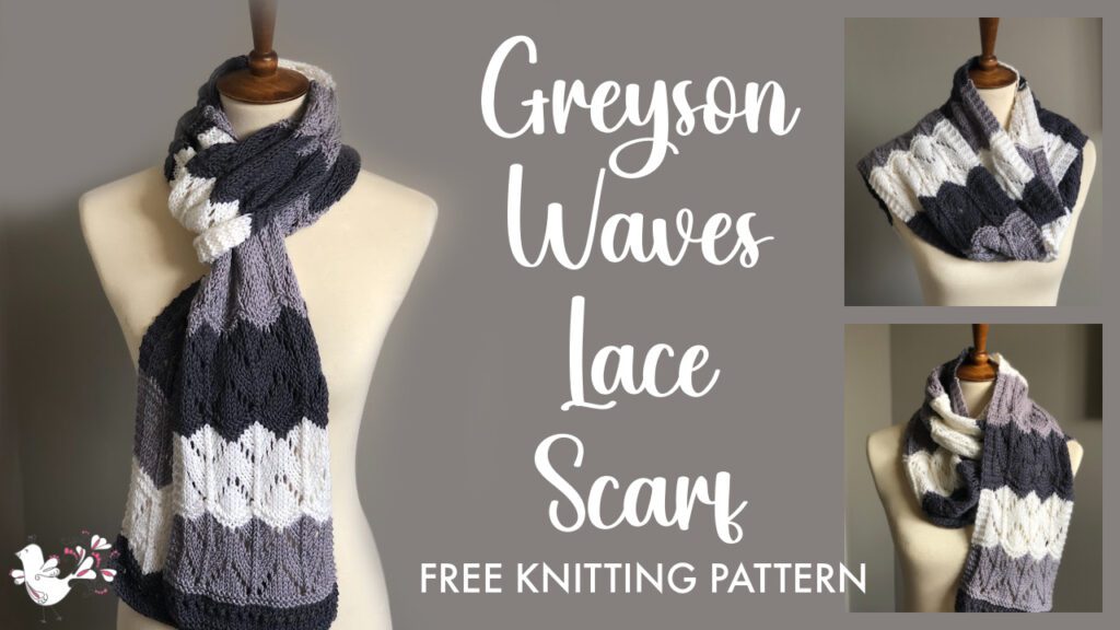 The image is a visual collage designed for Facebook, showcasing the "Greyson Waves Lace Scarf" in a series of elegant drapes on a mannequin. The scarf is knitted in a beautiful wave pattern, featuring harmonious shades of navy, grey, and white. The central text emphasizes "Greyson Waves Lace Scarf" in a sophisticated script, followed by "FREE KNITTING PATTERN," indicating that this intricate design is available at no cost to the knitter. The presentation of the scarf in various angles highlights the delicate lacework and the fluidity of the waves, inviting viewers to engage with the pattern. The Marly Bird logo is discreetly placed, associating this stylish accessory with the trusted quality and creativity of Marly Bird's designs. This promotional image is crafted to entice the Facebook audience to visit the website, download the free pattern, and embark on their own knitting adventure with this gorgeous lace scarf.