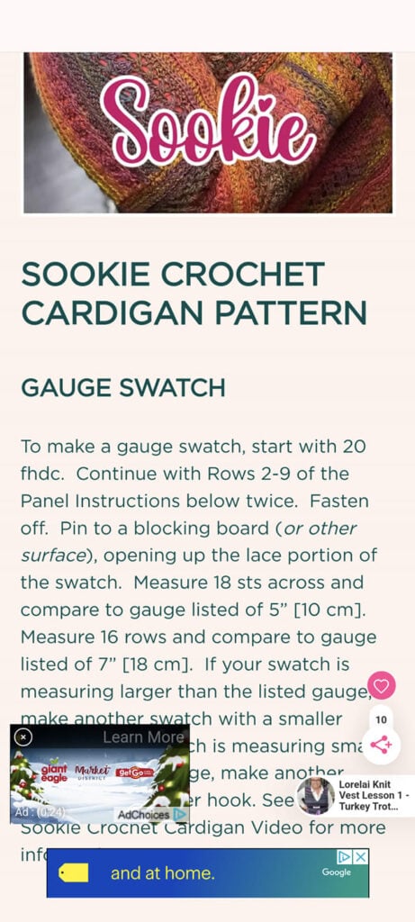 A webpage featuring the "Sookie Crochet Cardigan Pattern" by Marly Bird includes instructions for creating a gauge swatch with specific measurements and steps using different hooks and yarn sizes. Explore free patterns as you navigate through, with ad banners and icons neatly placed at the bottom. -Marly Bird