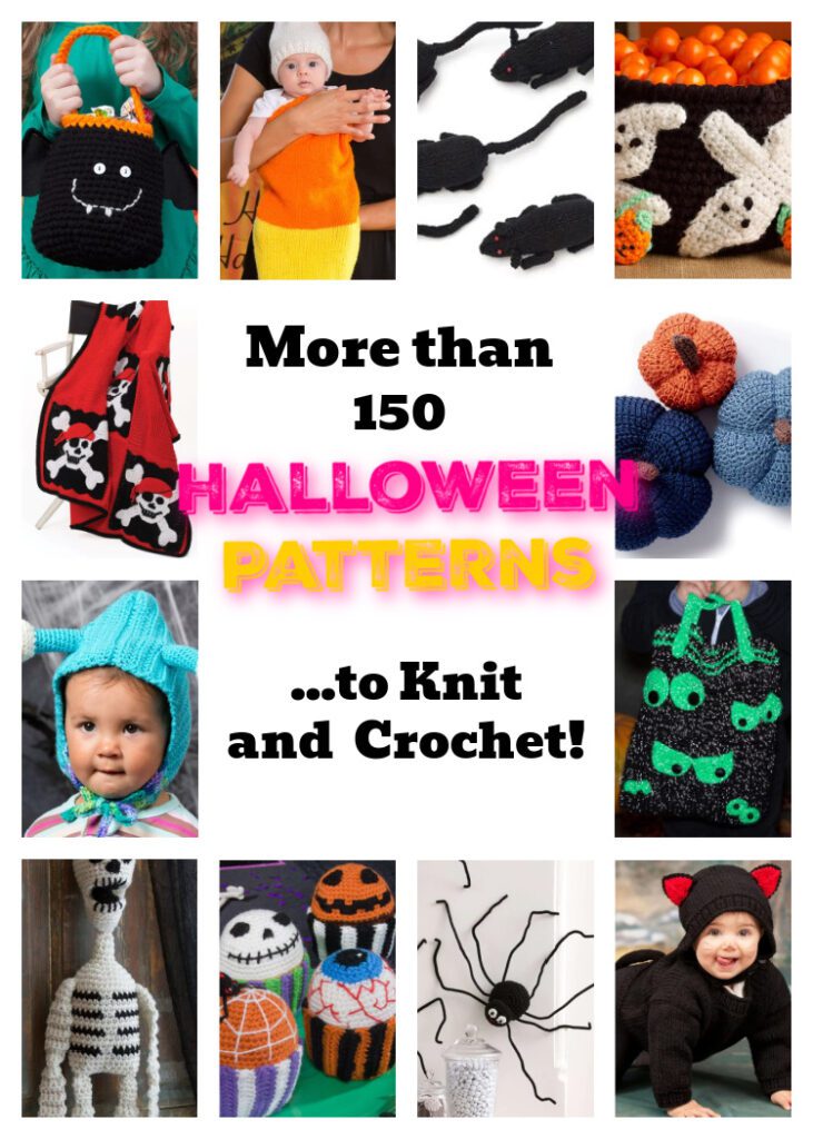 Free Halloween decorations and costumes - patterns to knit and crochet - curated by Marly Bird. Bags, rats, bowls, blankets, pumpkins, hats, skeletons, spiders.