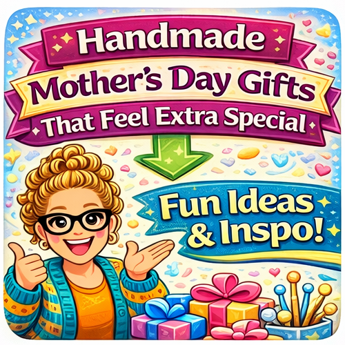 Smiling woman in glasses points to Mother’s Day gift ideas with featured knit, crochet items, yarn skeins, and wrapped presents.