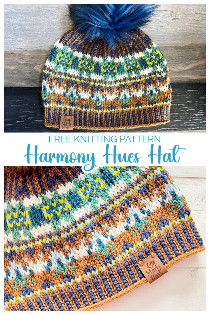 Harmony Hues Hat - free knitting hat pattern in stranded colorwork knit in the round. Marly Bird