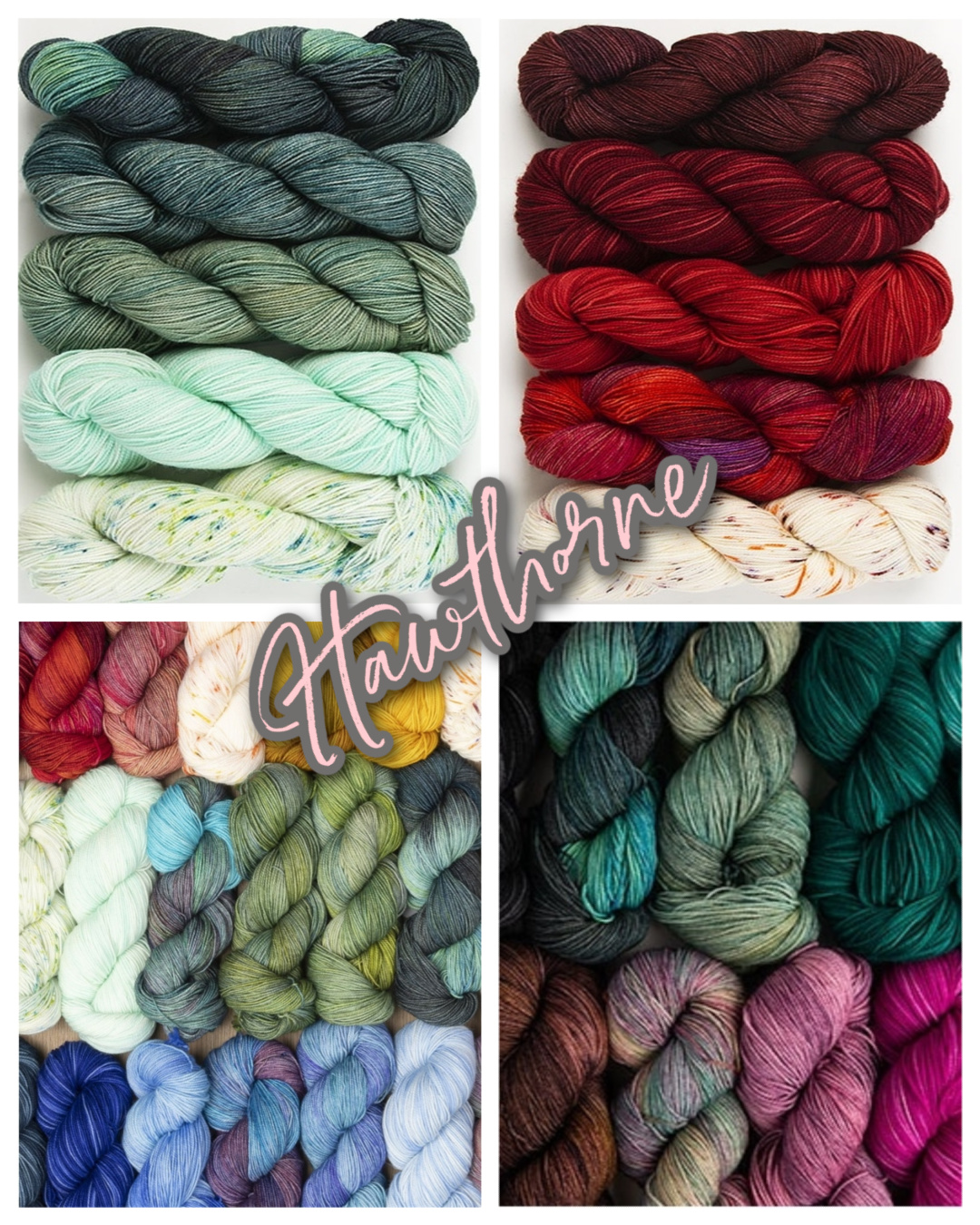 WeCrochet Hawthorne yarn - collage of 4 yarn images on white background. Top left: shades of greens, top right: shades of reds, bottom left: all colors - reds, yellows, greens, blues, bottom right: dark greens and dark pinks. Marly Bird.