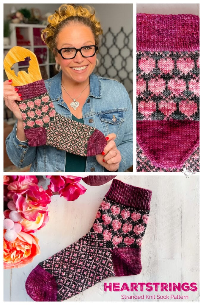 A smiling woman with curly blonde hair and glasses holds a pink and purple hand-knit sock featuring the Heartstrings knit sock pattern. Close-ups show its intricate heart designs on a white table with pink flowers nearby. -Marly Bird