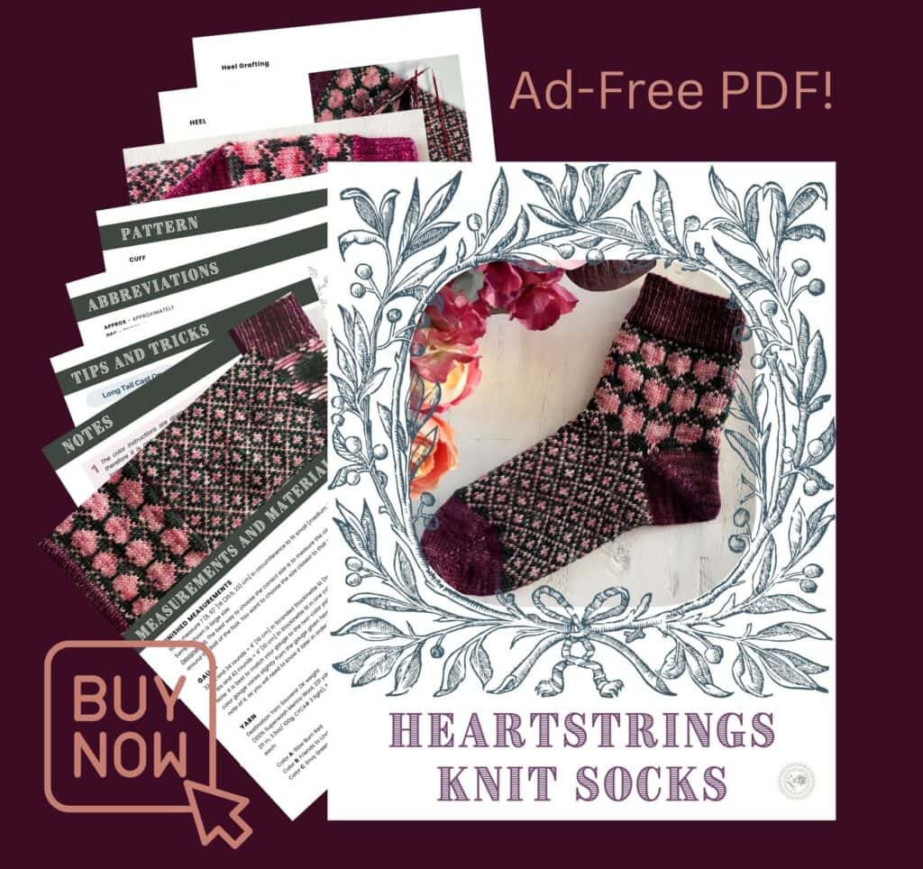 A digital ad features the Heartstrings knit sock pattern PDF, showcasing floral designs, a sample sock, preview pages, and text: "Ad-Free PDF! BUY NOW." The background is burgundy. -Marly Bird
