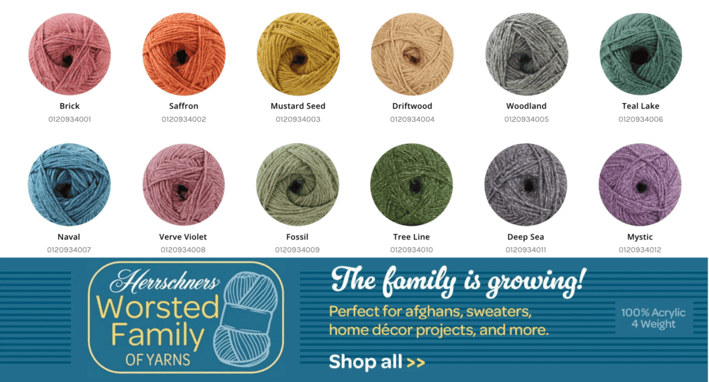 Image of various yarn colors labeled as Brick, Saffron, Mustard Seed, Driftwood, Woodland, Teal Lake, Naval, Verve Violet, Fossil, Tree Line, Deep Sea, and Mystic. Perfect for projects like a temperature blanket using unique stitches. Discover the "Herrschners Worsted Family of Yarns. -Marly Bird