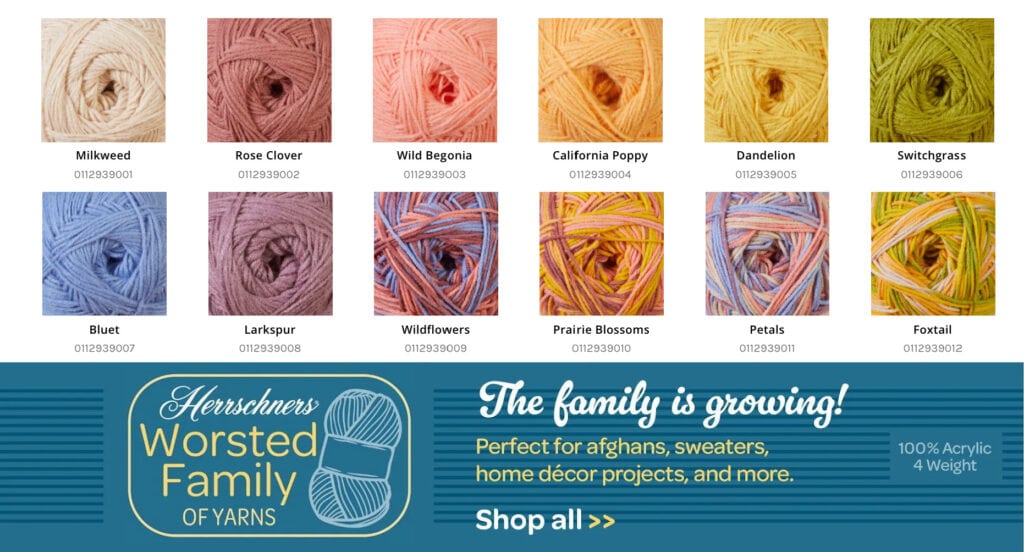 A grid of yarn balls in various colors including pink, yellow, blue, and multicolor with labels underneath. A banner reads: "Herschners Worsted Family of Yarns. The family is growing! Perfect for afghans, sweaters, home décor projects, and more. -Marly Bird