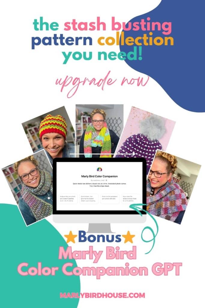 A promotional poster for "the stash busting pattern collection," featuring photos of a smiling woman wearing colorful knit items, a website screenshot, and text about a bonus Marly Bird Color Companion GPT and the This or That Make-Along 2025. -Marly Bird