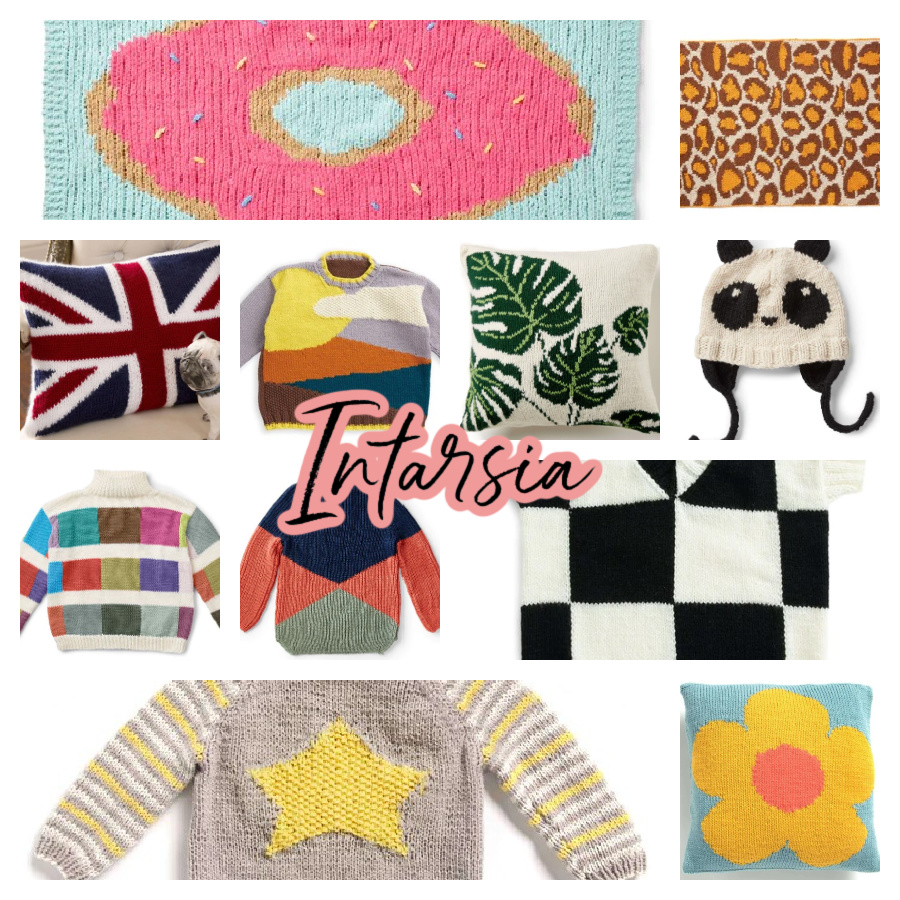 Knit intarsia designs from hats to pillows nad blankets.
