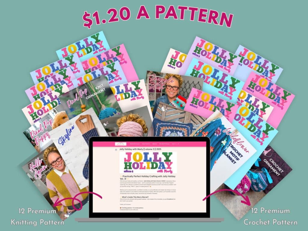 A colorful display of 24 holiday-themed crafting pattern booklets, evenly split between knitting and crochet, surrounds a laptop showing the “Jolly Holiday vol 3” website. Text reads: “$1.20 A PATTERN.”. -Marly Bird
