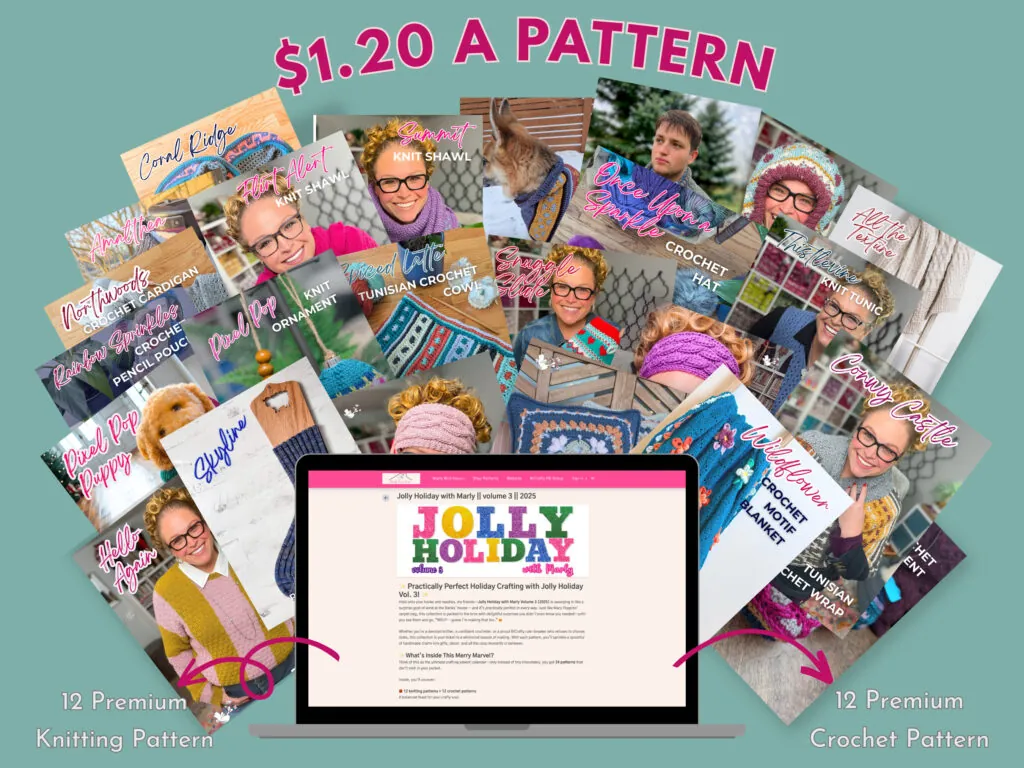 A colorful display of 12 knitting and 12 crochet pattern booklets from Jolly Holiday vol 3, featuring models with handmade items, fanned out behind a laptop screen showing a holiday crafting website. Text reads: "$1.20 A PATTERN. -Marly Bird