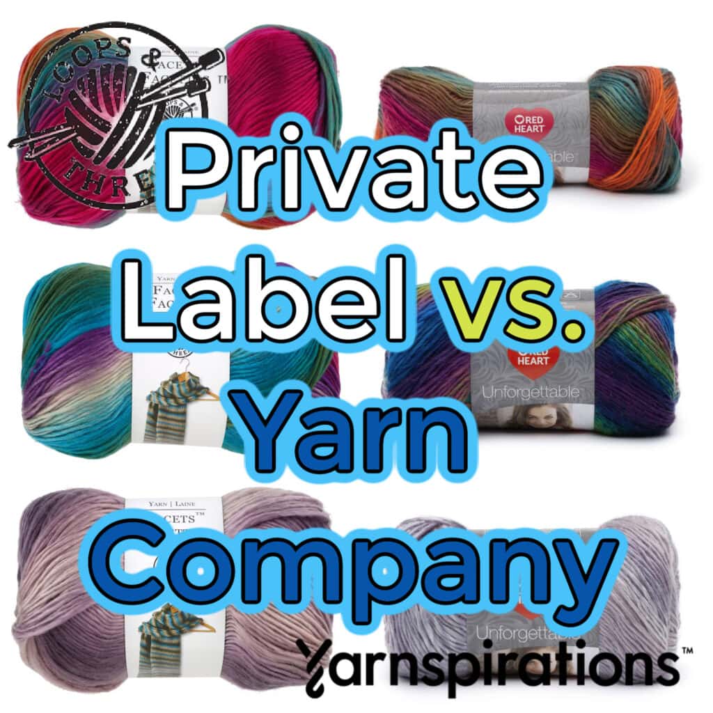 Image of various yarn skeins from Yarnspirations. Text reads "Private Label vs. Yarn Company" in bold blue and white letters. Skeins, including Big Twist Yarn, showcase diverse shades like red, purple, blue, and multicolors—a must-see for those looking to buy from top manufacturers. -Marly Bird