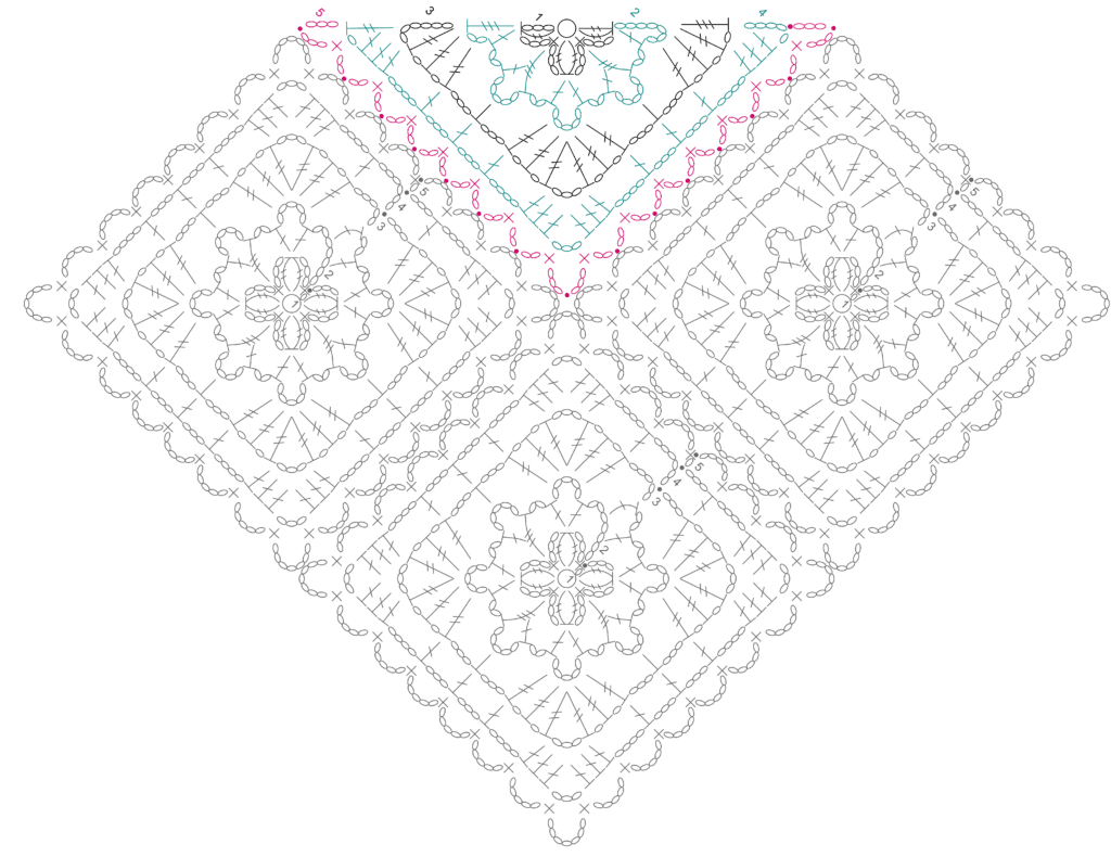 Enchanted Crochet Motif Shawl - join as you go stitch diagram half motif - Marly Bird