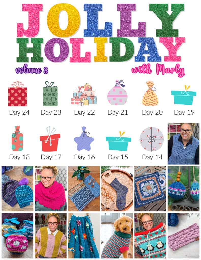 A festive collage titled "Jolly Holiday vol 3 with Marly" features numbered gift icons for days 14–24, photos of Marly in glasses and knitwear, cozy yarn crafts, knitting projects, and a dog sporting a colorful sweater. -Marly Bird
