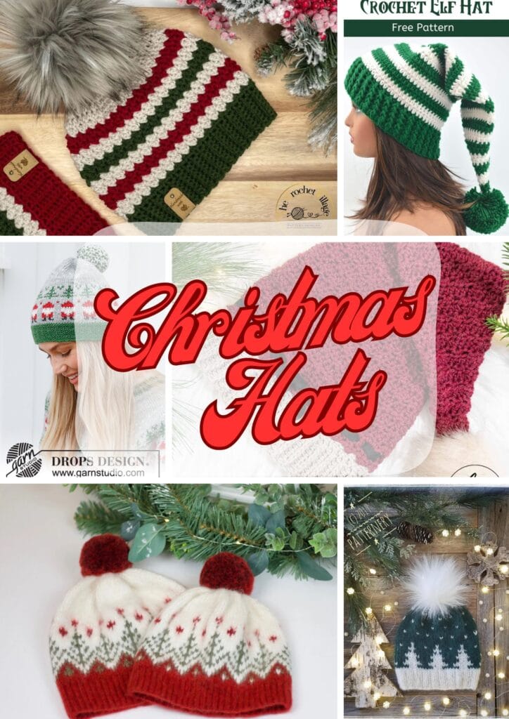A collage of festive knitted and crocheted Christmas hats, featuring striped, elf, and pom-pom designs created from crochet Christmas hat patterns, surrounds bold red "Christmas Hats" text. Pine branches and fairy lights add a holiday touch. -Marly Bird