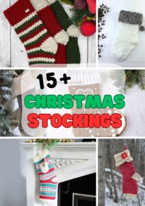 A collage of five colorful, patterned stockings showcases "15+ Christmas Stockings" in bold red and green text, featuring both knit and crochet Christmas stocking patterns for festive inspiration. -Marly Bird
