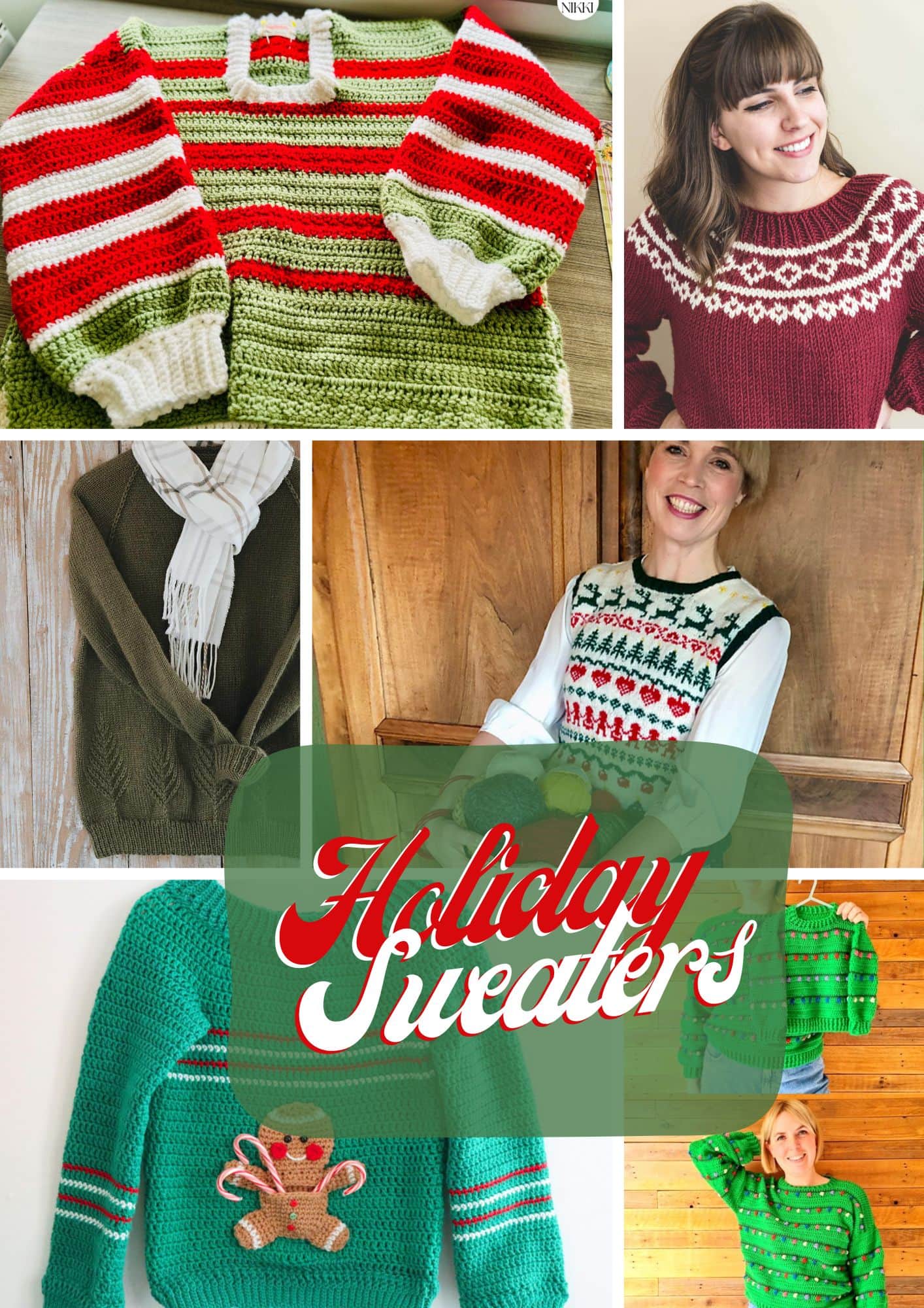 A collage of festive holiday sweaters featuring holiday sweater patterns like red, green, and white stripes, gingerbread motifs, and fair isle designs. Models smile in cozy winter attire beneath the text overlay: "Holiday Sweaters. -Marly Bird