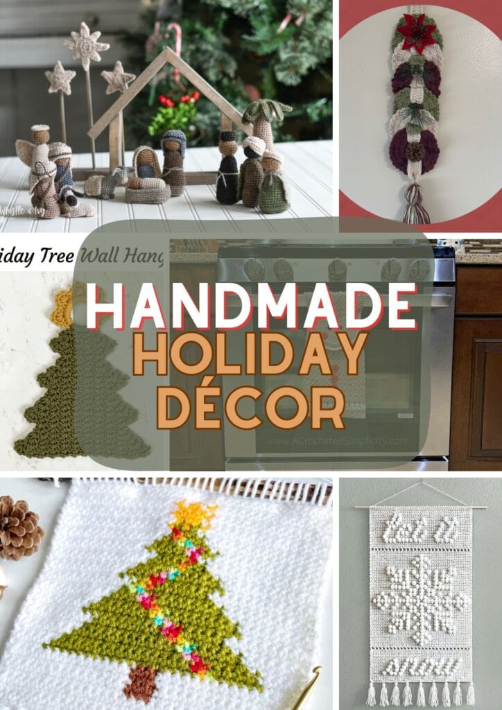 A collage of handmade holiday décor, featuring knitted and crocheted Christmas trees, a macramé wall hanging, yarn figures in a nativity scene, and a braided yarn ornament—perfect for those seeking unique holiday décor patterns. -Marly Bird
