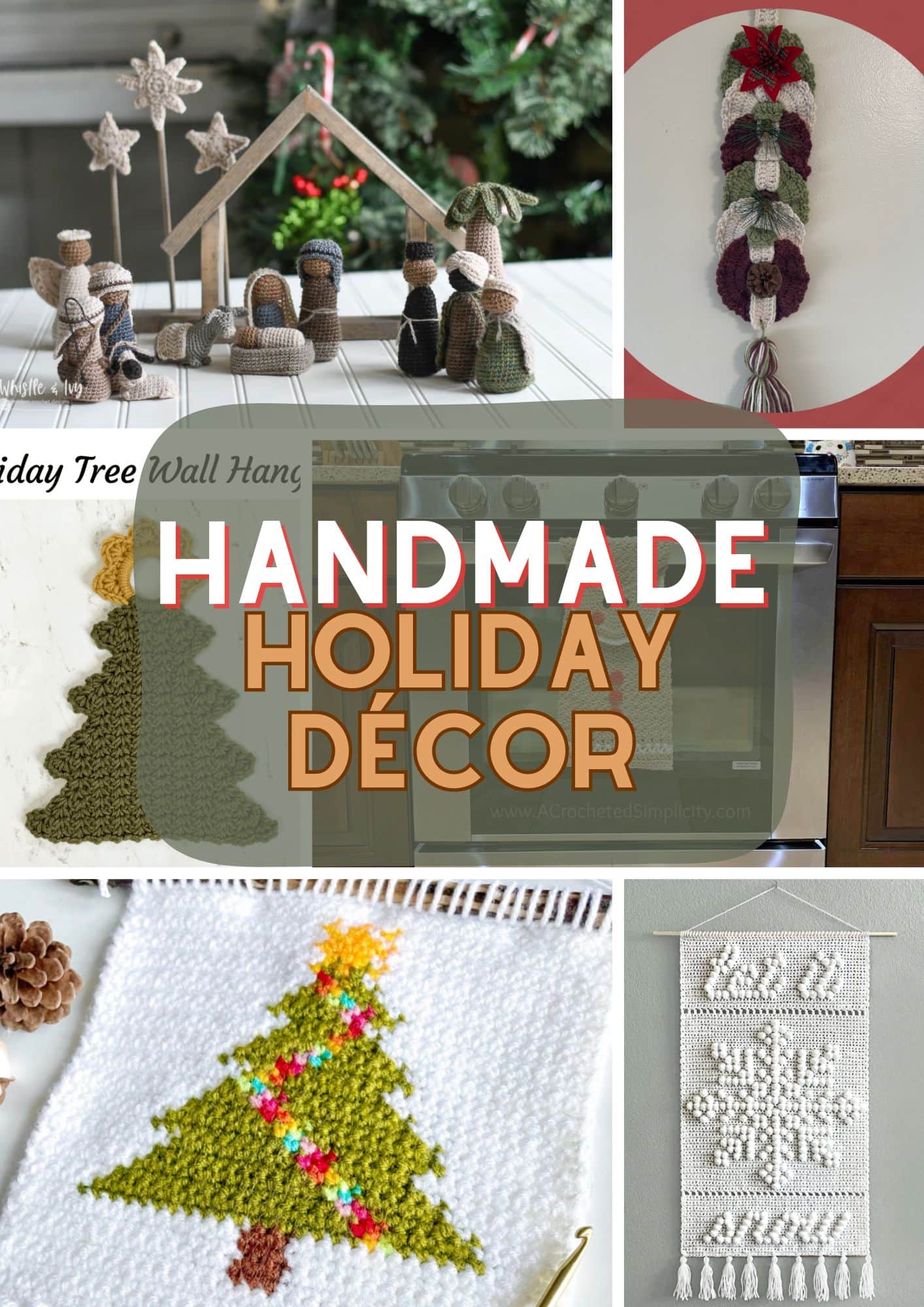 A collage of handmade holiday décor, featuring knitted and crocheted Christmas trees, a macramé wall hanging, yarn figures in a nativity scene, and a braided yarn ornament—perfect for those seeking unique holiday décor patterns. -Marly Bird