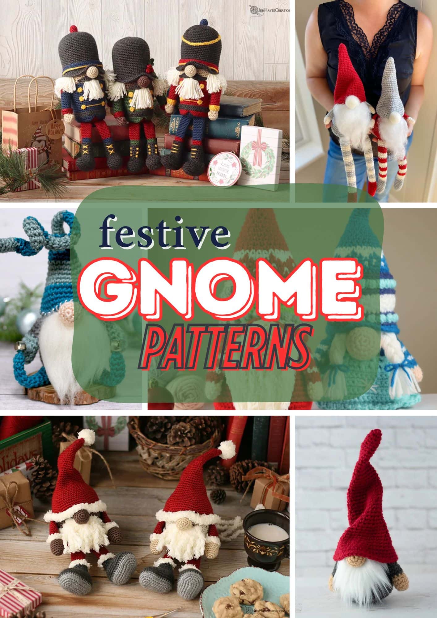 A collage showcasing various festive gnome dolls in different outfits and settings, radiating holiday cheer, with a green banner in the center reading "festive GNOME PATTERNS" in bold, colorful letters. -Marly Bird