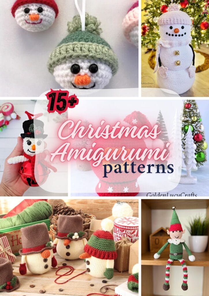 A collage of crocheted Christmas amigurumi characters, including snowmen, elves, and holiday decorations, with the text "15+ Free Amigurumi Patterns" in the center on a pink overlay. Perfect for festive Christmas crochet projects. -Marly Bird