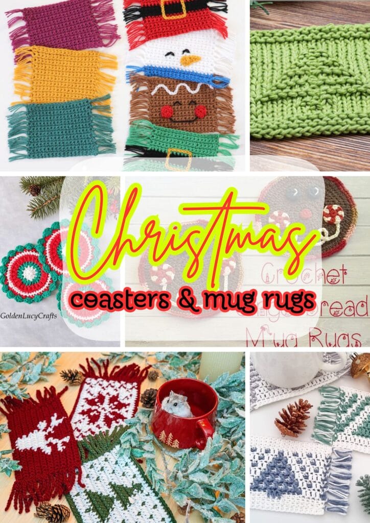 A collage of colorful Crochet Christmas Coasters and Knit Holiday Mug Rugs, featuring festive designs like snowmen, gingerbread, trees, and wreaths. “Christmas coasters & mug rugs” is written in bold red and yellow text—perfect for quick gifting. -Marly Bird