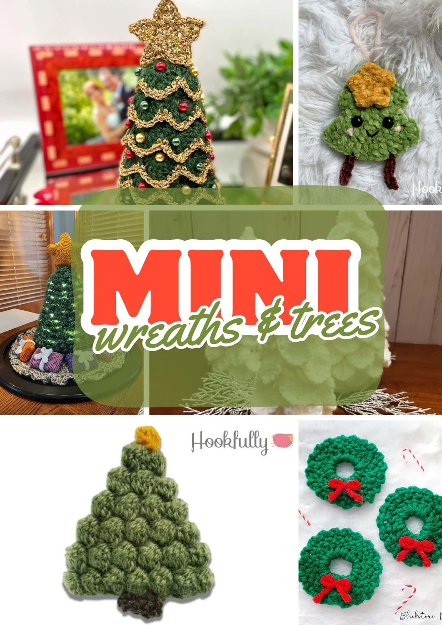 A collage of crocheted Mini Christmas Trees and Crochet Wreaths, featuring stars, pom-poms, and bows. The text "MINI wreaths & trees" is centered, perfect inspiration for your handmade holiday decor. -Marly Bird