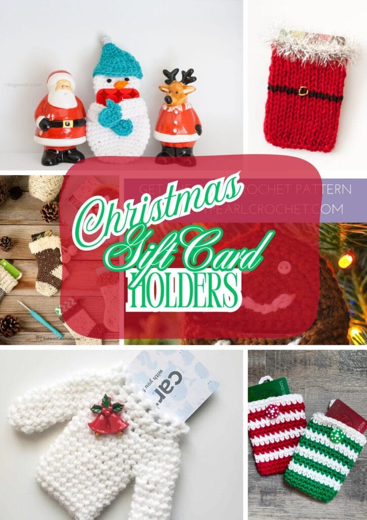 A collage of Christmas-themed crochet gift card holders, including sweater, Santa suit, and mitten designs, with festive decorations like Santa, a snowman, and a reindeer. Text reads "Holiday Gift Card Holders. -Marly Bird