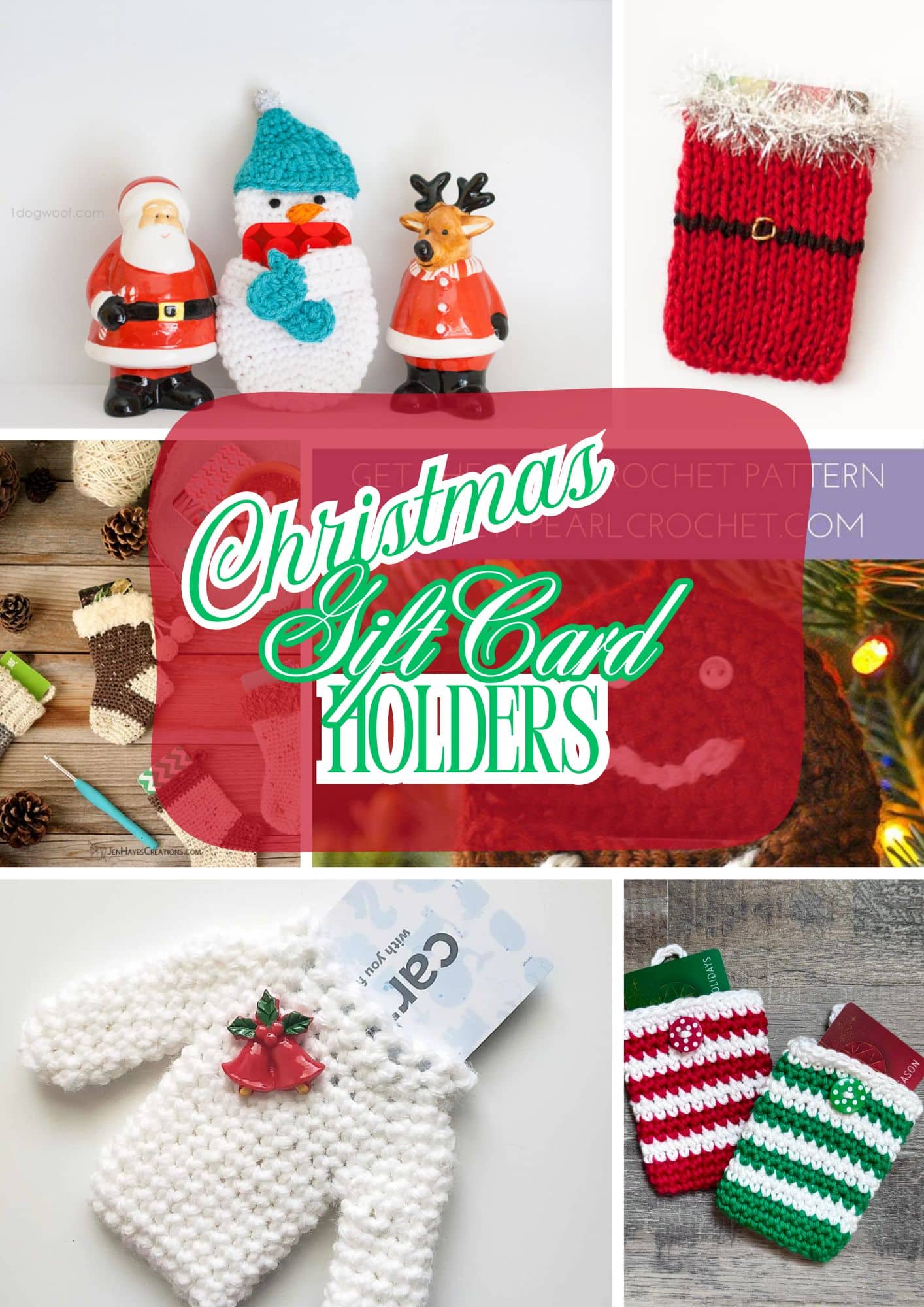 A collage of Christmas-themed crochet gift card holders, including sweater, Santa suit, and mitten designs, with festive decorations like Santa, a snowman, and a reindeer. Text reads "Holiday Gift Card Holders. -Marly Bird