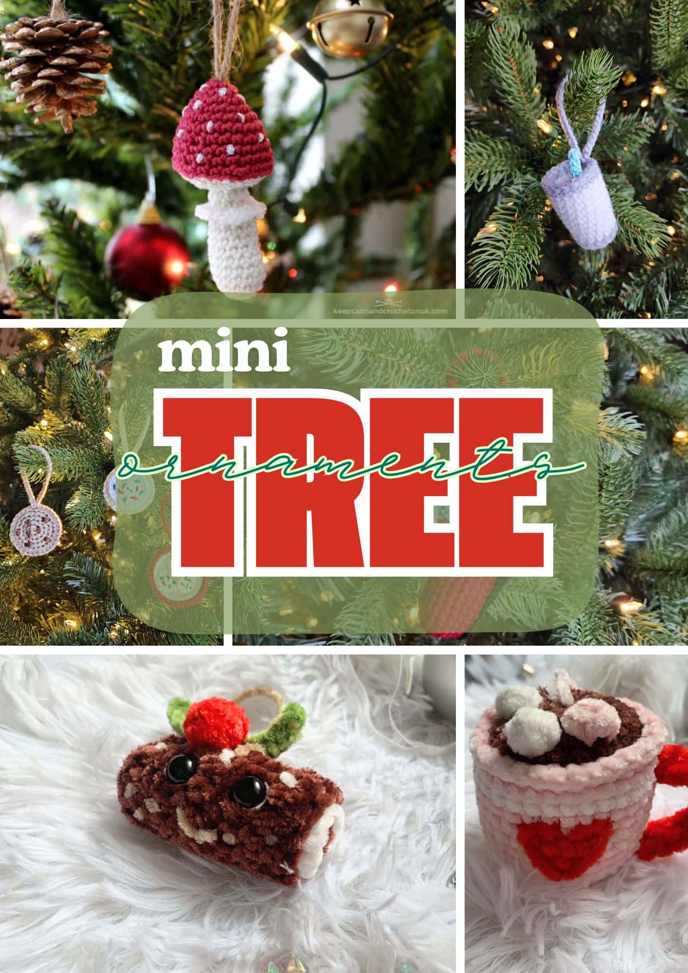 A collage displays mini Christmas tree ornament crochet designs: a red-capped mushroom, purple acorn, round bauble, yule log cake with cherry, and a hot chocolate mug adorning or nestled near a festive tree. Text: "mini TREE ornaments. -Marly Bird