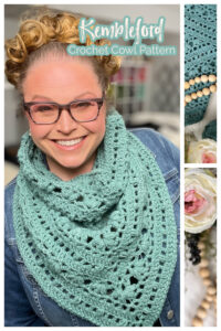 A smiling person wearing glasses and a teal crochet cowl, labeled "Kempleford Crochet Cowl Pattern," exudes warmth. Side panels reveal intricate crochet work adorned with beads and flowers, reminiscent of the elegance in Peak Serenity Knit Shawl designs. The scene unfolds against a blurred indoor backdrop. -Marly Bird