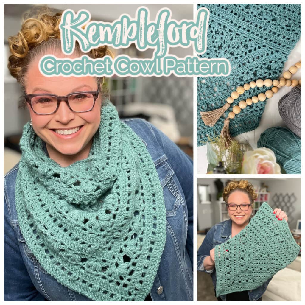 A smiling person dons a teal crochet cowl and glasses, paired with the text "Kempleford Crochet Cowl Pattern." The collage showcases Peak Serenity with close-ups of yarn, crochet tools, and the person gently holding a crocheted square. -Marly Bird