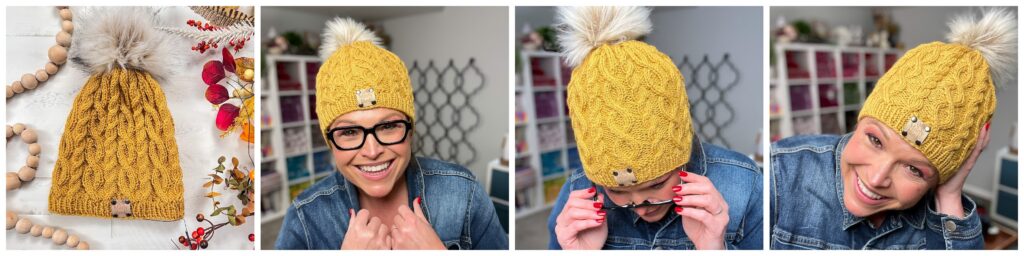 Keystone Cable Knit Hat in mustard yellow with faux fur pom-pom, shown alone and modeled to highlight cable stitch detail.