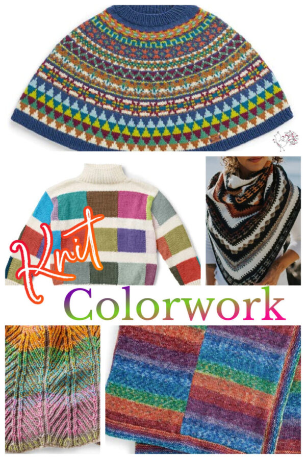 5 knit colorwork designs: knit stripes, Intarsia, Stranded, Mosaic, and Brioche. Marly Bird