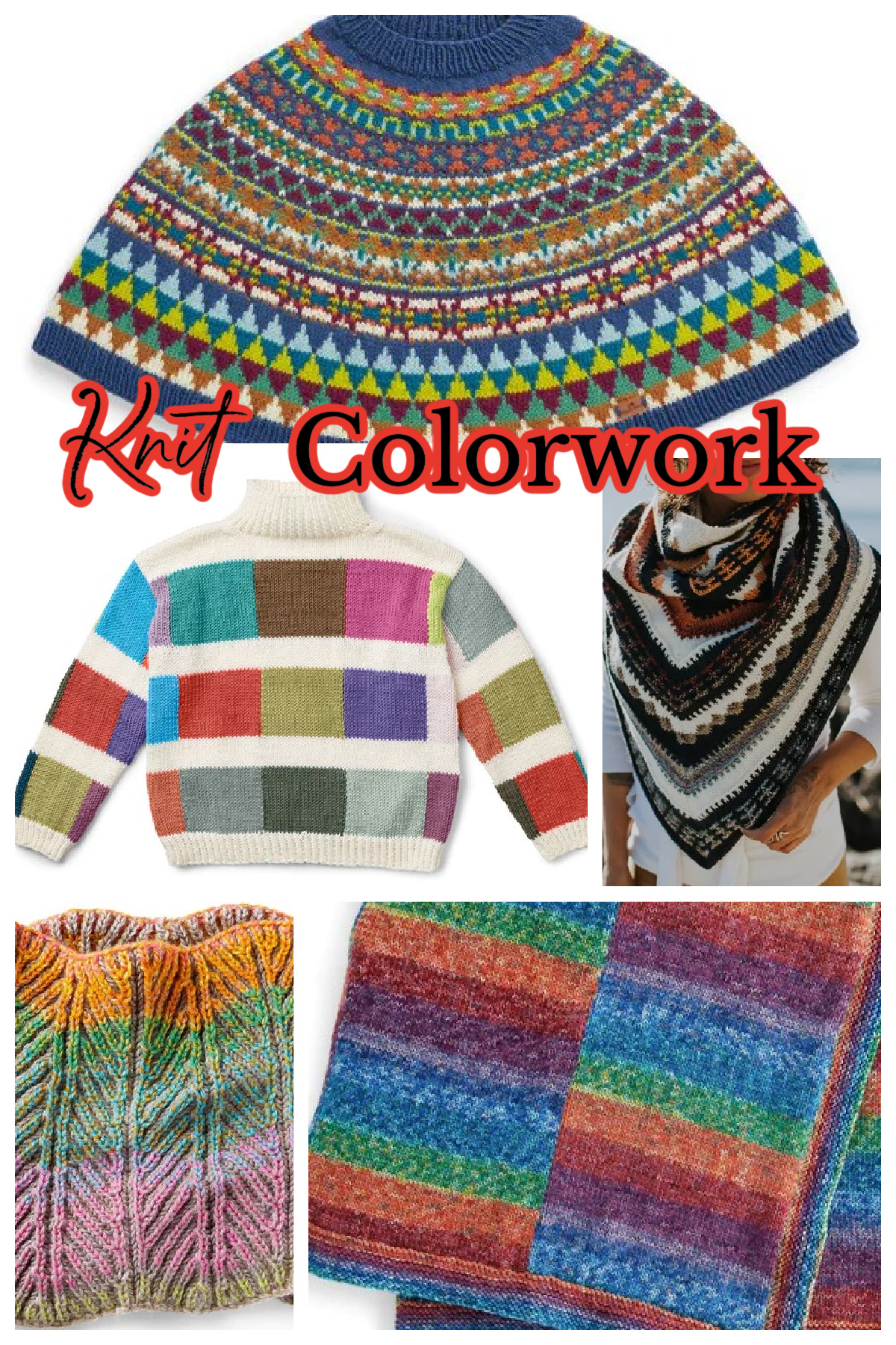 5 knit colorwork designs: knit stripes, Intarsia, Stranded, Mosaic, and Brioche. Marly Bird
