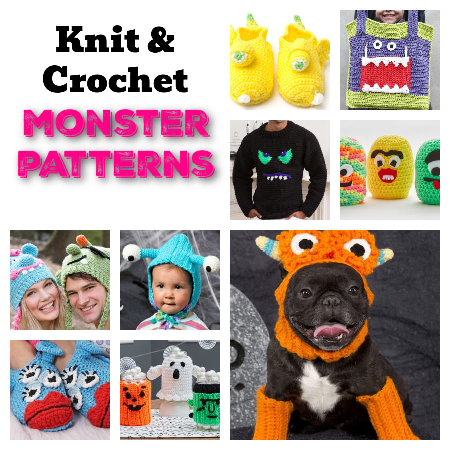9 image collage of knit and crochet monster patterns, including: slippers, bag, sweater, amigurumi monsters, hats, jar cozies, dog costume.
Free Halloween decorations and costumes.