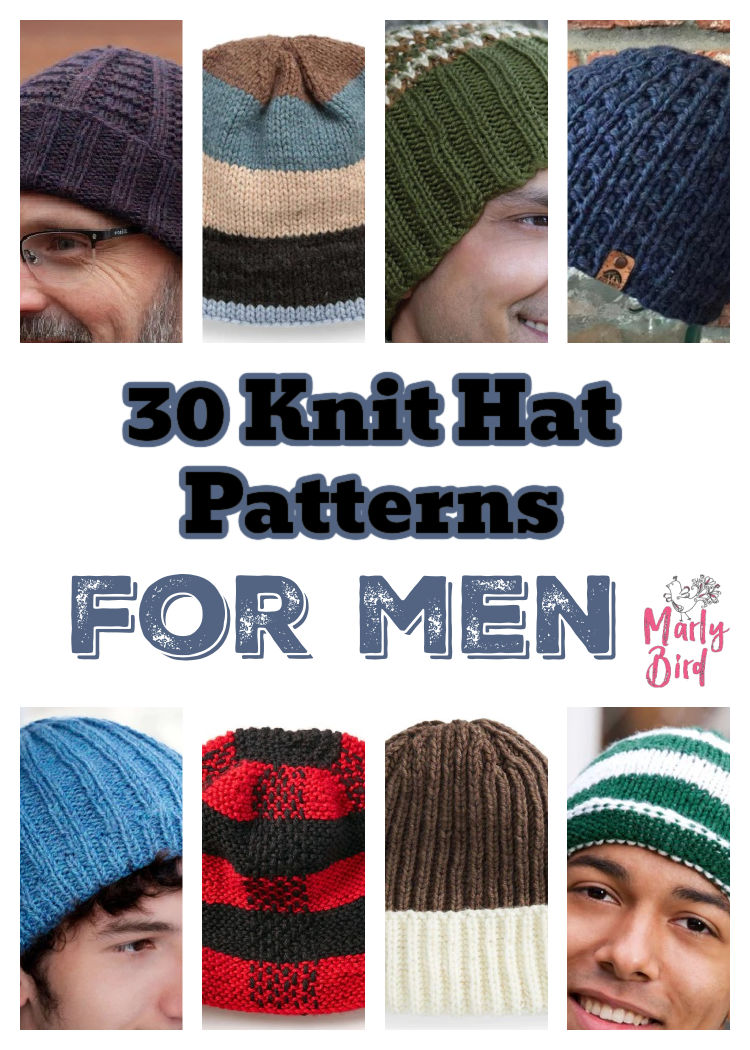 A selection of 8 of the 30 curated knit hat patterns for men - beanies, slouches, and plain stockinette. Marly Bird