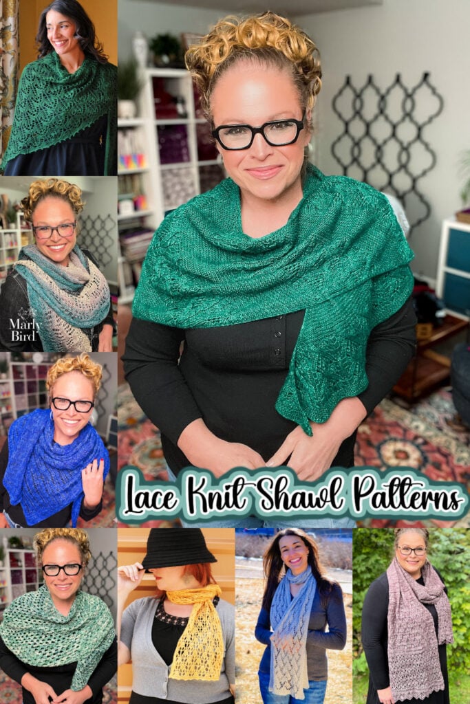 Several lace knit shawls in varied colors and patterns are modeled indoors and outdoors, showing stitch detail and drape.