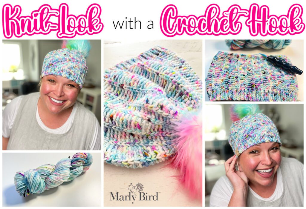 Collage showcasing various images of a woman modeling a colorful knit-look headband with a crochet hook. The images include the yarn used, close-ups of the headband, and happy expressions of the woman wearing it. Text reads, "Knit-Look with a Crochet Hook" and "Marly Bird." Free pattern included! -Marly Bird