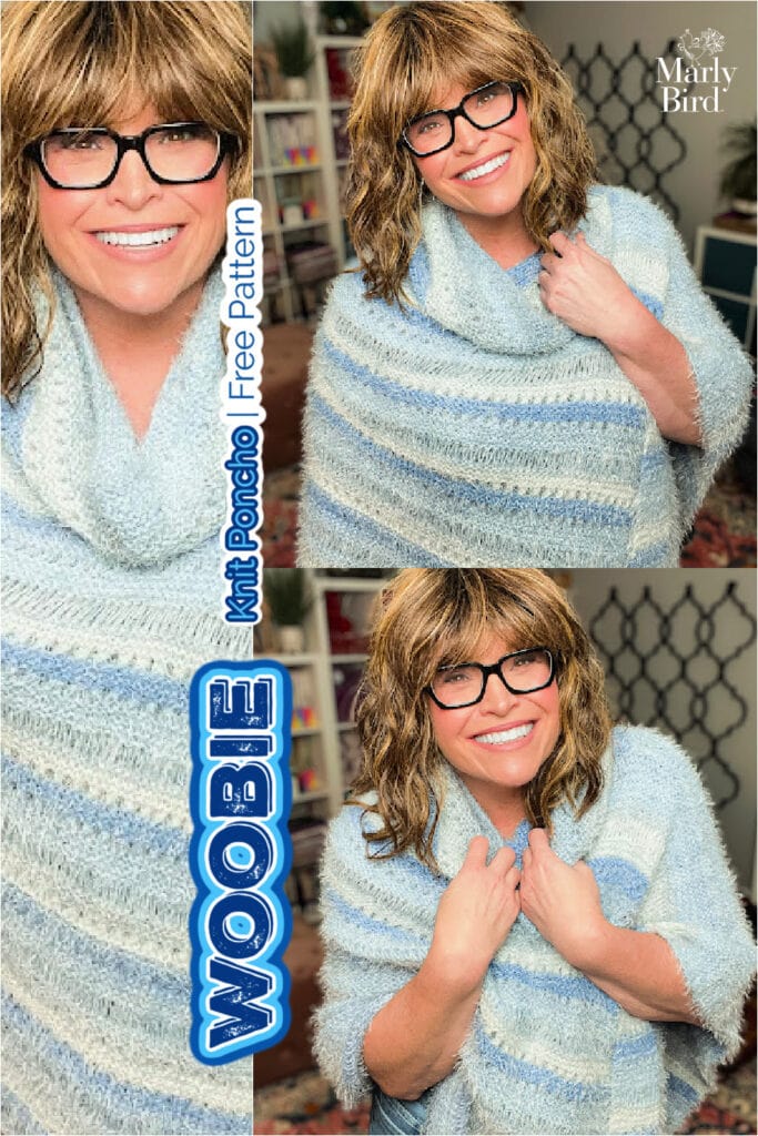 Woman wears a light blue and white striped knit poncho, showing drape and texture; features garter stitch details.